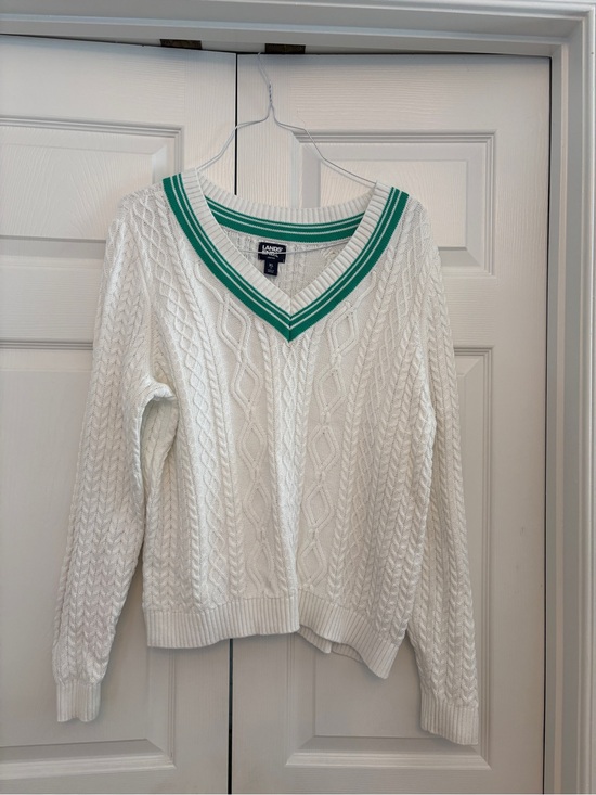 Lands' End Sweaters - Lands' End Women's White Cotton Cable-Knit V-Neck Sweater Green Trim PREPPY!!